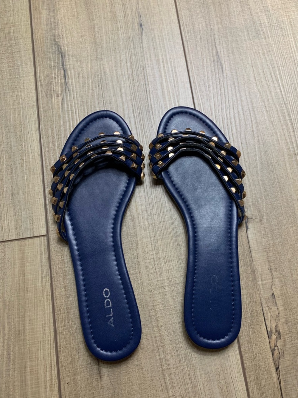 ALDO Navy Slide Sandals with Gold Stud Detailing